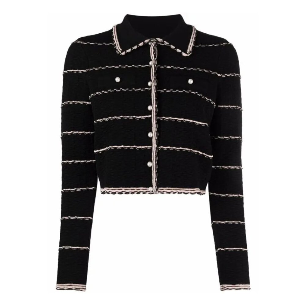 NWT Sandro Andina Cropped Cardigan Sweater Black Waffle Knit Embroidered Striped - Picture 2 of 9